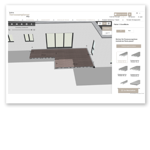 Online 3D Terrassenplaner- Screenshot Entwässerung